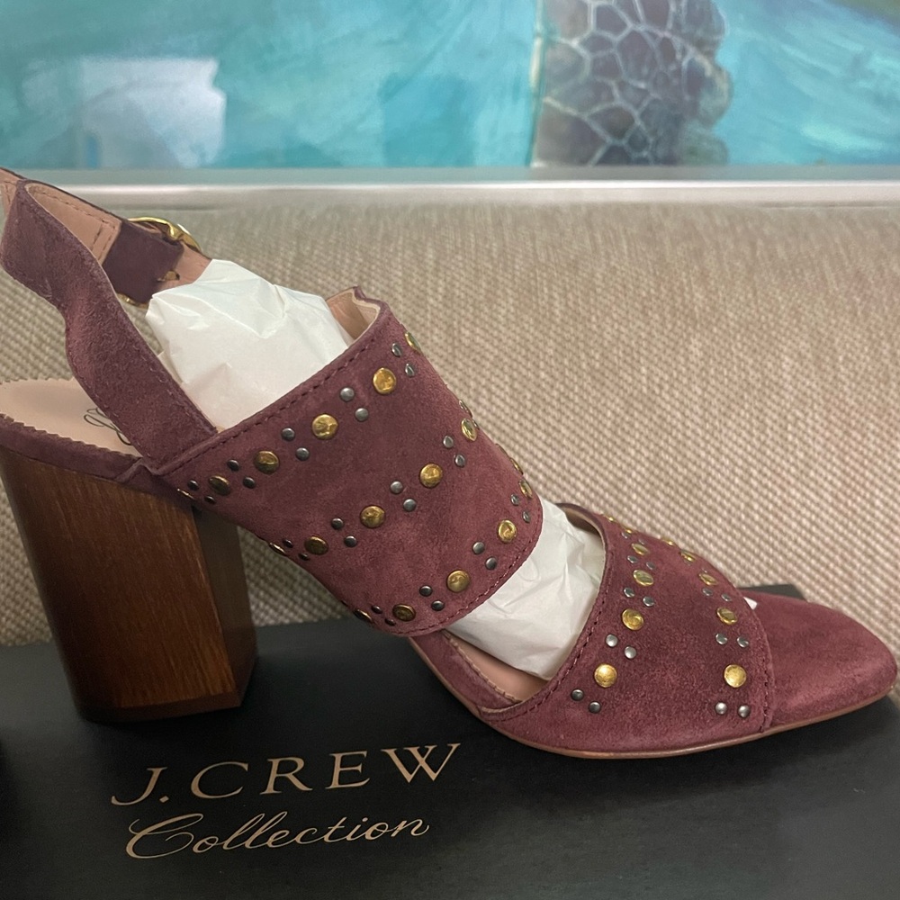 J. Crew Stella Bright Ruby Burgundy Studded Block Heel Sandals - Picture 4 of 5